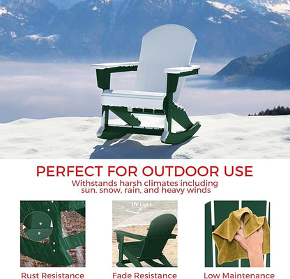 Costaelm Outdoor Adirondack Chair Set of 2, All Weather Resistant Classic Balcony Chair and Fire Pit Chairs, Plastic Outdoor Porch Furniture Rocking Chair High Back HDPE Poly Lumber, Dark Green