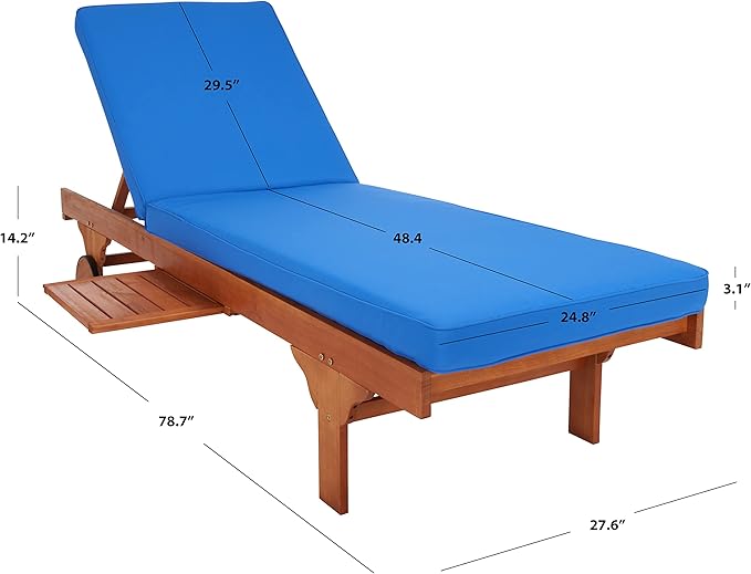 SAFAVIEH Outdoor Collection Newport Natural/ Royal Blue Cushion Built-in Side Table Adjustable Chaise Lounge Chair