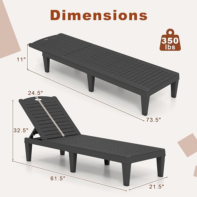 Tangkula Lounge Chair Outdoor Set of 2, Patio PP Pool Lounge Chairs with 5-Position Adjustable Backrests, Easy Assembly, Recliner Chaise Lounger for Poolside, Deck, Backyard, Porch (Black)