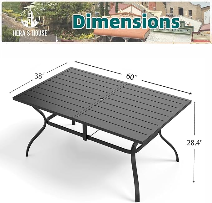 HERA'S HOUSE Patio Dining Table, 60" x 38" Rectangular Large Surface 6 Person Steel Frame Outdoor Dining Table with Umbrella Hole for Lawn Garden Backyard