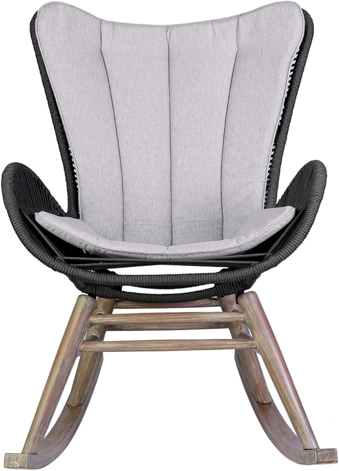 Armen Living Fanny Outdoor Patio Rocking Chair in Light Eucalyptus Wood and Charcoal Rope