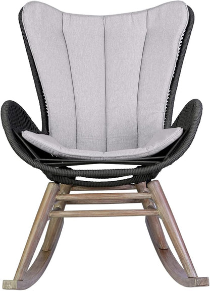 Armen Living Fanny Outdoor Patio Rocking Chair in Light Eucalyptus Wood and Charcoal Rope