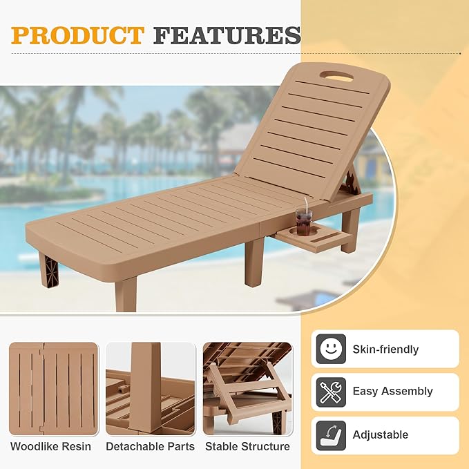 UDPATIO Outdoor Lounge Chairs Set of 2, Resin 5-Position Adjustable Reclining Chaise Lounge, Waterproof Patio Chairs for Pool, Beach, Lawn, and Garden