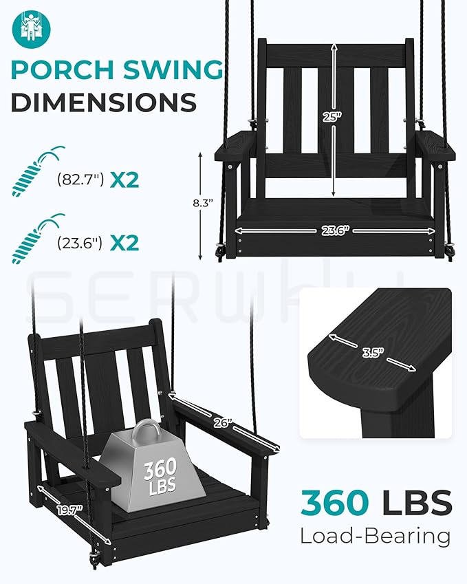 SERWALL HDPE Single Porch Swing Set of 2, Heavy Duty Single Person Swing Chair with 2 Polypropylene Hanging Ropes - Photo 2