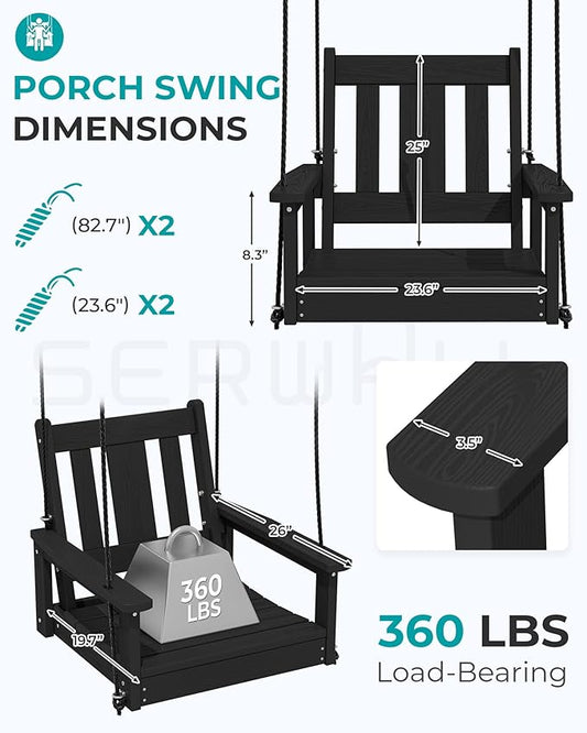 SERWALL HDPE Single Porch Swing Set of 2, Heavy Duty Single Person Swing Chair with 2 Polypropylene Hanging Ropes, Adirondack Hanging Chair for Outdoor Front Porch Patio Garden Yard, Black