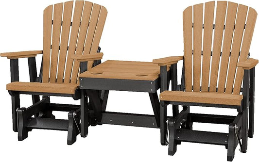 DutchCrafters Slat Fan Back Double Poly Adirondack Glider Outdoor Patio Chairs with Center Table (Black & Cedar)