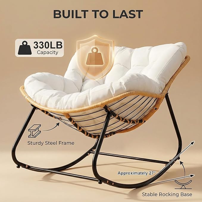 Outdoor Rocking Chair, Papasan Egg Style with Thick Cushion, Comfy Patio Lounge Chair for Balcony, Porch and Living Room - Photo 5