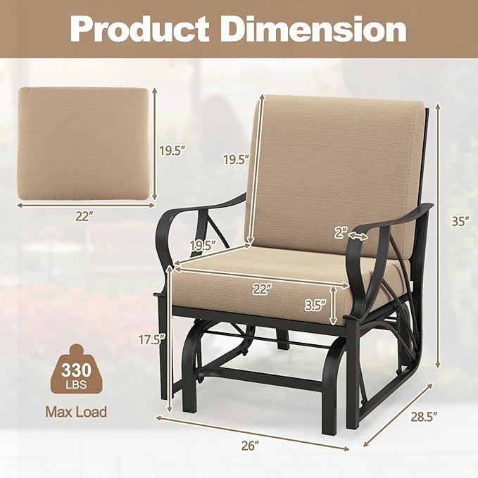 Tangkula Outdoor Patio Glider, Metal Framed Gliding Chair with Cushion - Photo 3