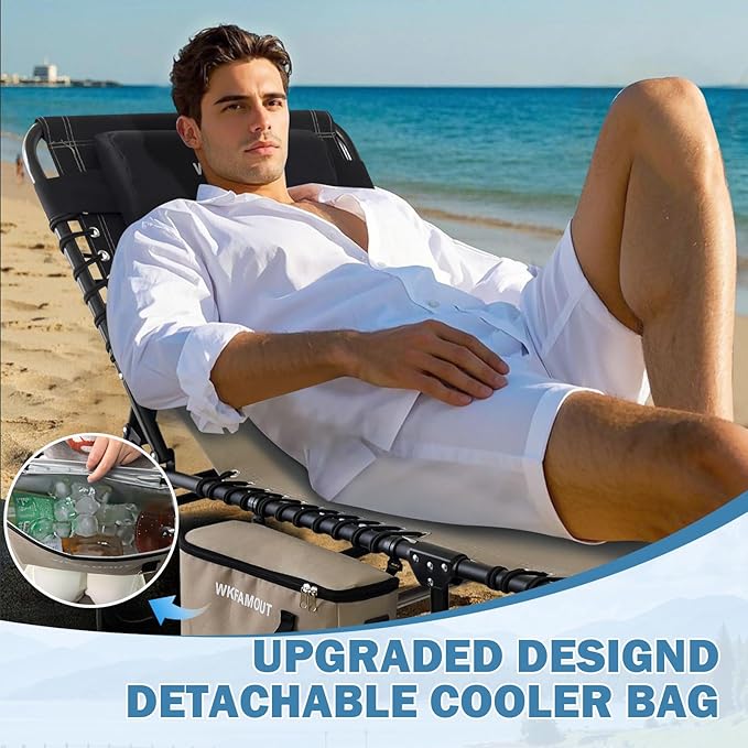 Folding Lounge Chair Outdoor with Insulated Cooler Bag Portable for Outside Patio Chaise Lounge Chair 5-Position with Pillow for Beach Sunbathing Pool Camping Lawn