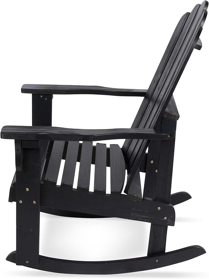 Shine Company Marina Adirondack Porch Rocker, Indoor Outdoor Wood Rocking Chair, Black