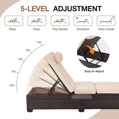HOMREST PE Wicker Chaise Lounge Chairs Set of 2,Adjustable 5 Position Outside Rattanr Patio Pool Chair with Headrest,Cushion and Storage Rack for Poolside Backyard Porch,Khaki