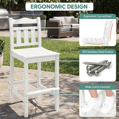 5-Piece Outdoor Bar Set, HDPE Adirondack Bar Height Chairs Set of 4 and Round Pub Table, All Weather Outdoor Patio Bar Furniture for Bistro, Deck, Balcony, Poolside(White)