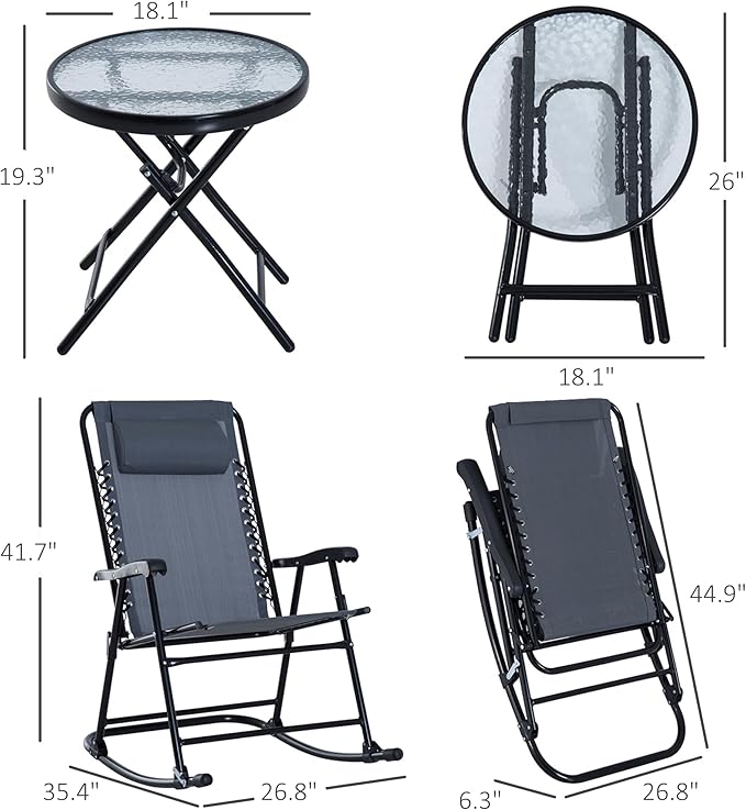 Outsunny 3 Piece Outdoor Rocking Bistro Set, Patio Folding Chair Table Set with Glass Coffee Table for Yard, Patio, Deck, Backyard, Grey