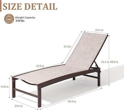 Patio Aluminum Chaise Lounge Chair, Outdoor Recliner Lounge Chair Sun Loungers, All Weather Chaise with 5 Adjustable Backrest and Lay Flat Positions for Garden, Balcony, Pool