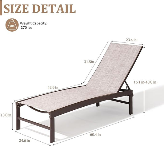 Patio Aluminum Chaise Lounge Chair, Outdoor Recliner Lounge Chair Sun Loungers, All Weather Chaise with 5 Adjustable Backrest and Lay Flat Positions for Garden, Balcony, Pool