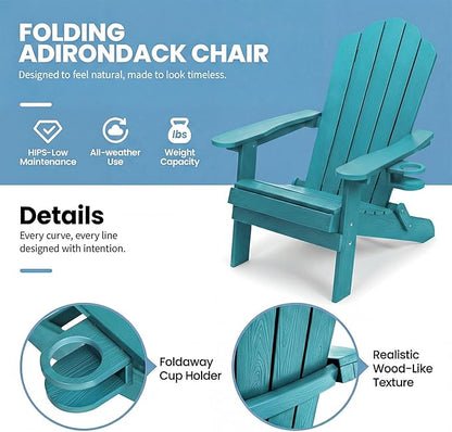 JEKO&JEKO Folding Adirondack Chairs Set of 2, All-Weather Outdoor Chair with Cup Holder, Plastic Adirondack Chair for Patio, Garden, Lawn, Porch, Deck, Backyard – Aruba Blue