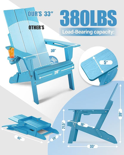 Adirondack Chair with Cup Holder: Folding Adirondack Chairs Set of 2 Plastic HDPE Material Furniture - Modern Composite Fire Pit Chairs Foldable for Outdoor/Backyard/Garden/Lawn/Deck/Porch