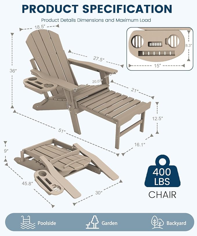 FOOWIN Folding Adjustable Adirondack Chair with Retractable Ottoman, HDPE Adirondack Chair w/4 in 1 Cup Holder Trays,All-Weather Resistant Fire Pit Chair for Outdoor Patio Lawn, Brown
