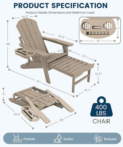 FOOWIN Folding Adjustable Adirondack Chair with Retractable Ottoman, HDPE Adirondack Chair w/4 in 1 Cup Holder Trays,All-Weather Resistant Fire Pit Chair for Outdoor Patio Lawn, Brown