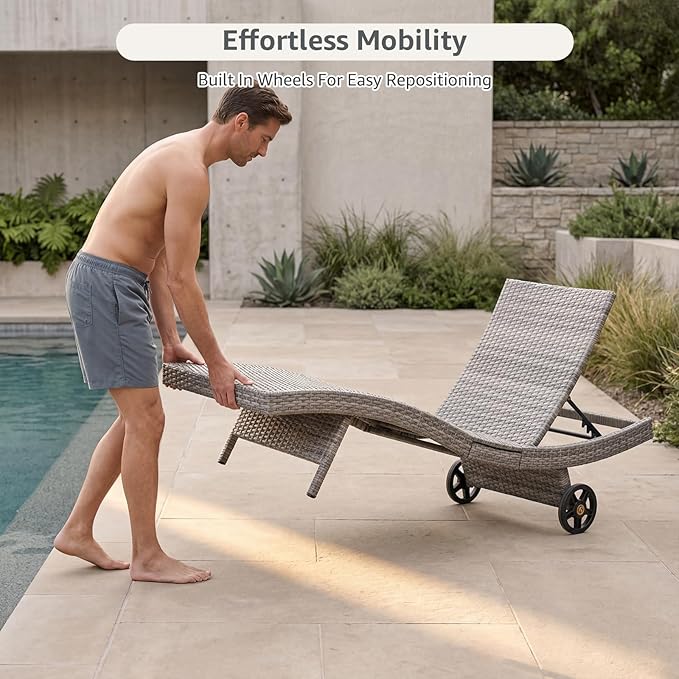 Set of 2 Gray Outdoor Chaise Lounge Chairs, Wicker Patio Lounge Chairs with Adjustable Backrest and Wheels, Durable PE Rattan Pool Chair for Patio, Poolside and Garden