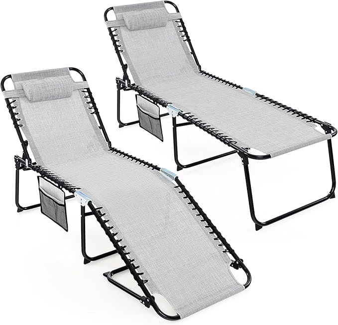 Goplus Chaise Lounge Chair Outdoor, Folding 5-Postion Beach Lounge Chair with Detachable Pillow, Side Pocket, Sunbathing Lounge Chair, Adjustable Tanning Chair for Patio Lawn Pool Yard