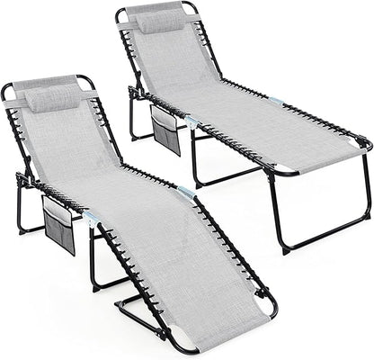 Goplus Chaise Lounge Chair Outdoor, Folding 5-Postion Beach Lounge Chair with Detachable Pillow, Side Pocket, Sunbathing Lounge Chair, Adjustable Tanning Chair for Patio Lawn Pool Yard