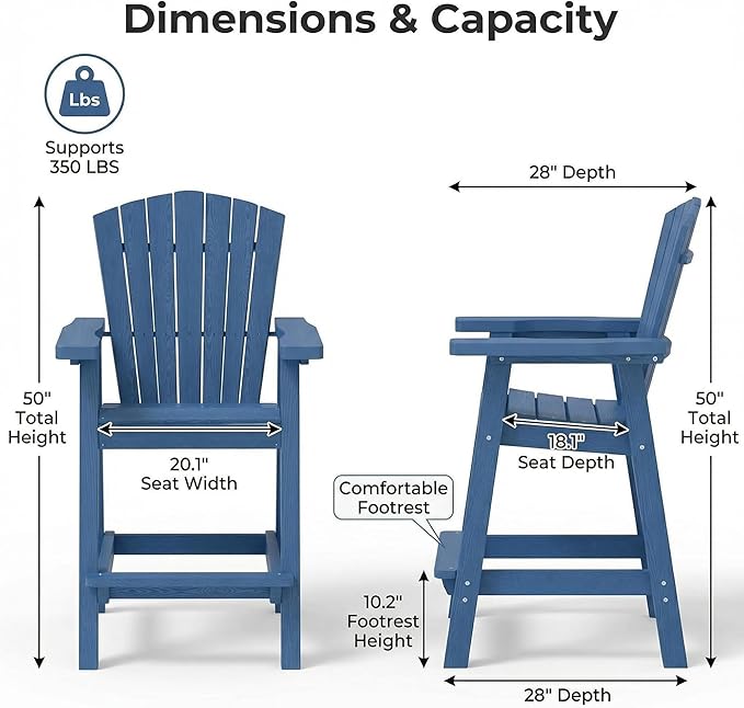 GLANC Tall Adirondack Chairs Set of 2, All Weather Resistant HDPE Bar Height Balcony Adirondack Chair with Connecting Trays, Upgraded Outdoor Adirondack Barstools for Deck Patio Pool Lawn (Navy Blue)