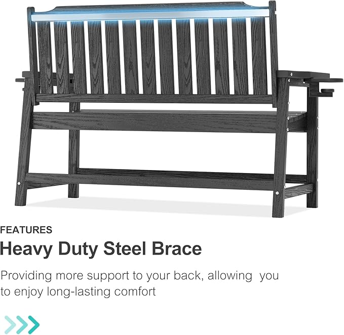 Outdoor Bench with Cup Holder All-Weather HDPE Fade Resistant Garden Bench 660 lbs Bearing 2-Seat Front Porch Furniture for Patio, Backyard,Park (Grey)
