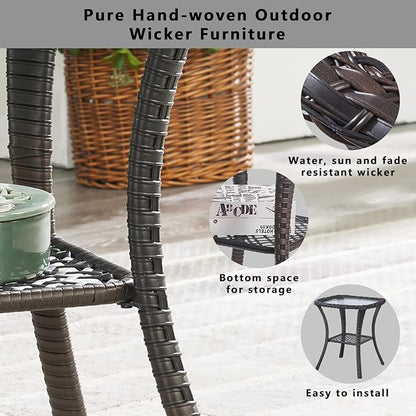Belord Rattan Patio Side Table, 2 Tier Hand Woven Wicker Bistro Table, 5 mm Frost Glass Top Square Table, Brown Wicker