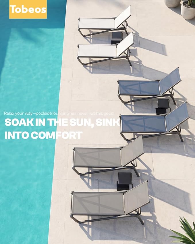 Outdoor Chaise Lounge Chair Set of 2, 5-Position Adjustable Patio Lounge Chair with Aluminum Frame, Textilene Fabric Pool Loung Chairs for Poolside, Deck, Backyard (Khaki)