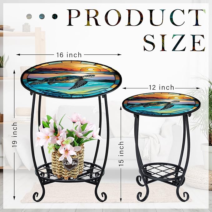 2 Pcs Outdoor Side Table Small Patio Round Mosaic Accent End Table Indoor Plant Metal Coffee Tea Tables for Patio Yard Porch Garden Living Room(12" and 16",Turtle Style)