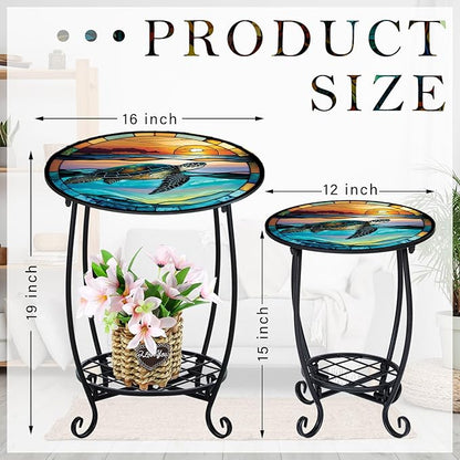 2 Pcs Outdoor Side Table Small Patio Round Mosaic Accent End Table Indoor Plant Metal Coffee Tea Tables for Patio Yard Porch Garden Living Room(12" and 16",Turtle Style)