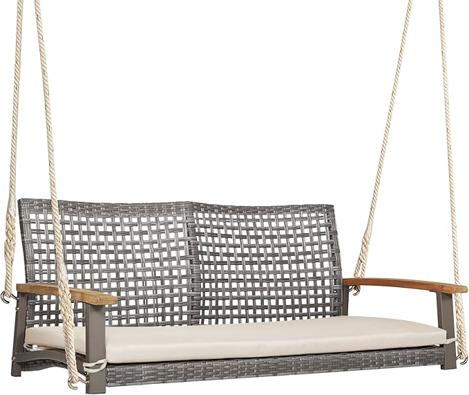 RELAX4LIFE 2-Seater Outdoor Porch Swing - Patio PE Rattan Hanging Swing Bench with Seat Cushion and Strong Hanging Ropes - Photo 1