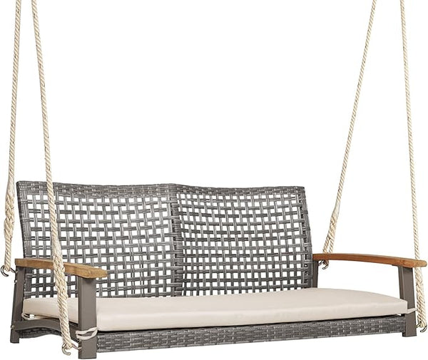 RELAX4LIFE 2-Seater Outdoor Porch Swing - Patio PE Rattan Hanging Swing Bench with Seat Cushion and Strong Hanging Ropes, Wicker Swing Loveseat Bench for Porch, Backyard, Garden, 800 lbs (Off White)