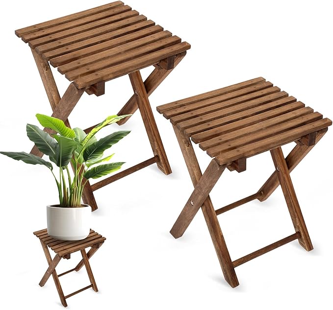 Pack of 2 Small Folding Table, Portable Acacia Wood Side Table for Patio, Pool, Balcony, Indoor and Outdoor, Walnut, 14 inches Height