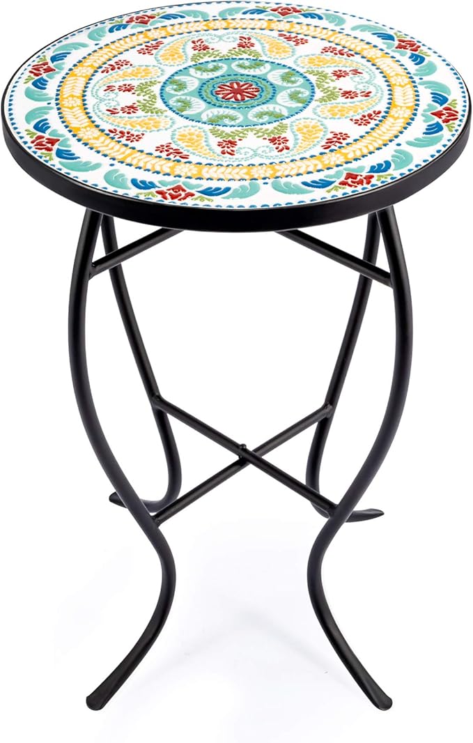 VONLUCE 21" Mosaic Plant Stand, 14 Inch Round Side Table with Ceramic Tile Top, Indoor and Outdoor Accent Table, Outdoor Patio Furniture, End Table for Garden Patio Living Room More, Floral