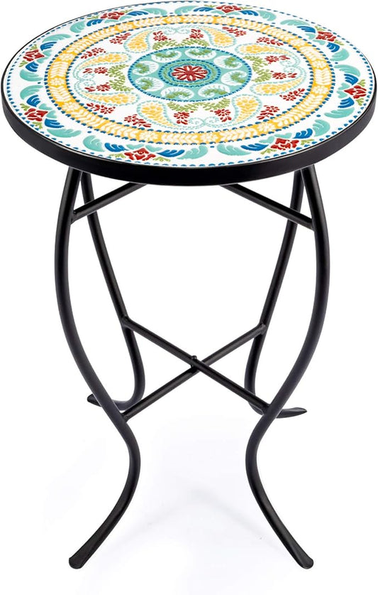 VONLUCE 21" Mosaic Plant Stand, 14 Inch Round Side Table with Ceramic Tile Top, Indoor and Outdoor Accent Table, Outdoor Patio Furniture, End Table for Garden Patio Living Room More, Floral