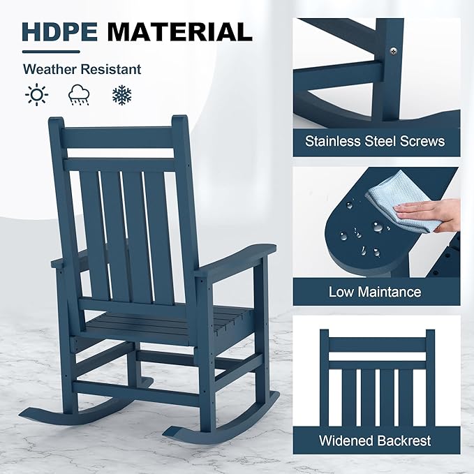 Outdoor HDPE Rocking Chairs, HDPE Oversized Patio Rocking Chairs, All Weather Resistant Porch Rocker, Heavy Duty Front Plastic Rockers for Outside
