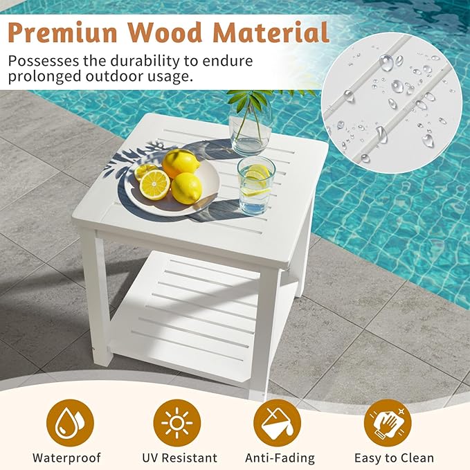 Outvita Patio Small Side Table, Acacia Wood 18 inch Double-Deck Coffee Table with Storage Tier for Living Room, Garden, Balcony, Porch, Deck (White)