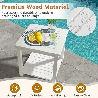Outvita Patio Small Side Table, Acacia Wood 18 inch Double-Deck Coffee Table with Storage Tier for Living Room, Garden, Balcony, Porch, Deck (White)