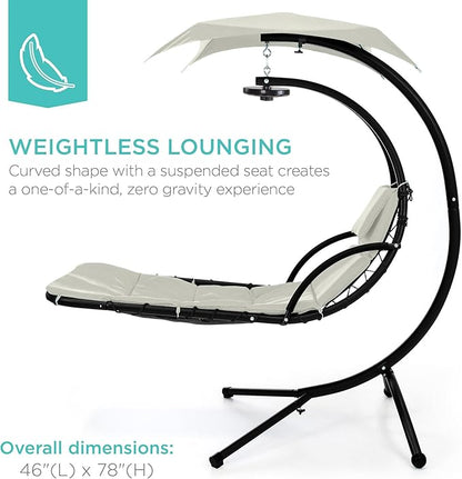 Best Choice Products Hanging LED-Lit Curved Chaise Lounge Chair Swing for Backyard, Patio, Lawn w/ 3 Light Settings, Weather-Resistant Pillow, Removable Canopy Shade, Steel Stand - Ivory
