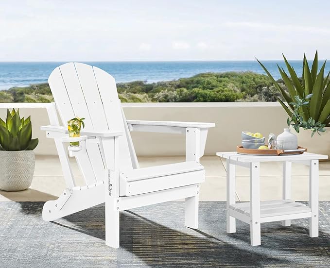 Folding Adirondack Chairs Set 4- Plastic Adirondack Chairs with Cup Holder, Weather Resistant for Outdoor, Patio, Lawn, Garden, Backyard Deck, Fire Pit - White