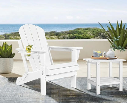 Folding Adirondack Chairs Set 2- Plastic Adirondack Chairs with Cup Holder, Weather Resistant for Outdoor, Patio, Lawn, Garden, Backyard Deck, Fire Pit - White
