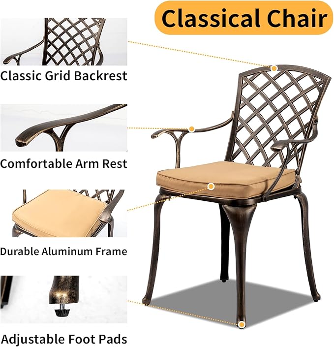 VINGLI Outdoor Dining Chairs Set of 4 with Cushion Aluminum Patio Chairs, Cast Aluminum Patio Furniture Aluminum Outdoor Chairs for Backyard, Poolside, Balcony Bronze (4, Grid Back with Cushion)