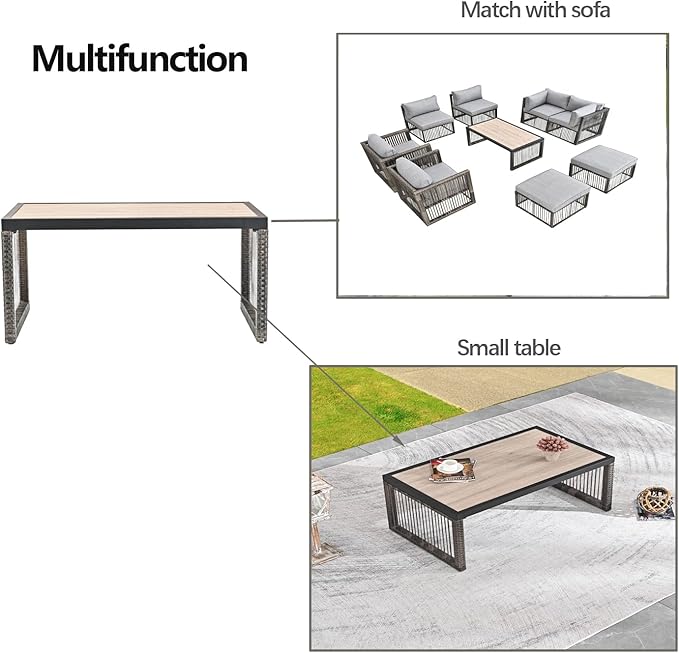 Rattan Patio Coffee Table Match Outdoor Furniture Modern Rectangle Metal Coffee Table for Livingroom, Garden, Backyard