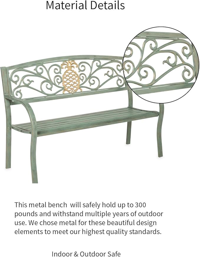 Plow & Hearth Weatherproof Pineapple Outdoor Bench | Holds Up to 300 lbs | Garden Patio Porch Park Deck | Metal | Green
