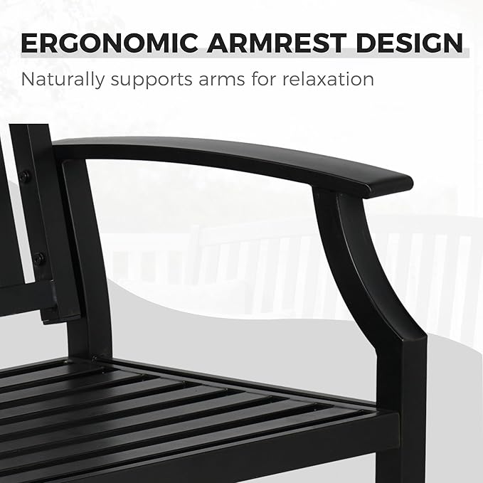 Grand patio 52" Farmhouse Outdoor Bench, Garden Benches with Anti-Rust Aluminum Powder Coated Frame, Faux Wood Grain Finish Frame Patio Bench for Front Porch, Black