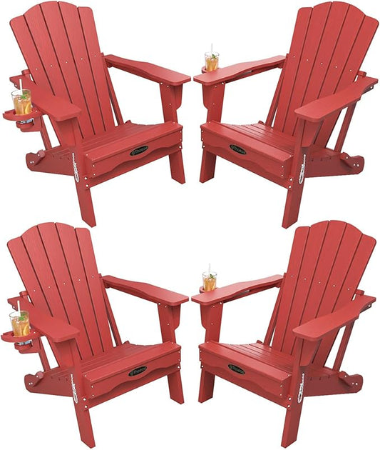 Folding Adirondack Chair Set of 4,HDPE All-Weather Outdoor Chair with Cup Holder,Wooden Textured,Fire Pit Chair,Plastic Patio Chair for Deck,Backyard,Garden,Lawn(Red)