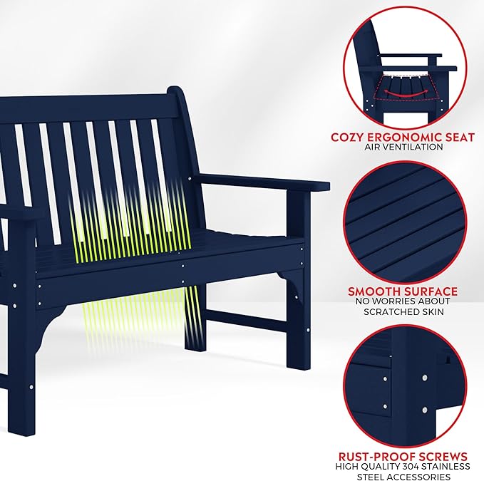 Costaelm Garden Bench, Farmhouse Park Front Porch for Entryway Bench Outdoor Seating Low Bench Patio Bench Outside/Indoor, Navy Blue
