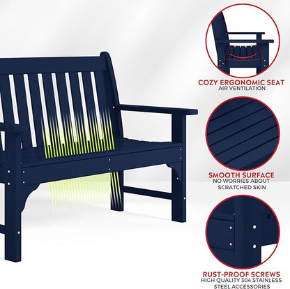 Costaelm Garden Bench, Farmhouse Park Front Porch for Entryway Bench Outdoor Seating Low Bench Patio Bench Outside/Indoor, Navy Blue